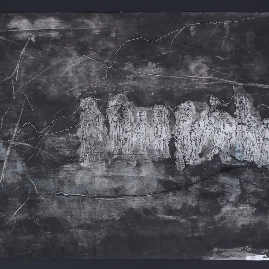 Gruppe bei Nacht, 2019, Nähmaschinenzeichnung auf handgeschöpftem Echizen Washi-Papier, 63 x 97 cm